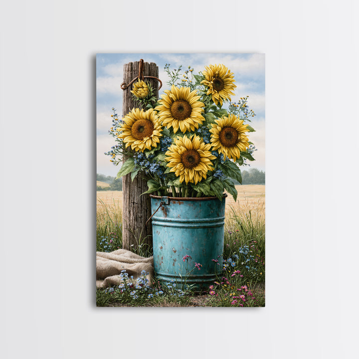 Sunflowers in a Metal Bucket Framed Canvas Print, Rustic Art, Living Room Art, Farmhouse Decor, Watercolor Art, Rustic, RUS-2x3-44