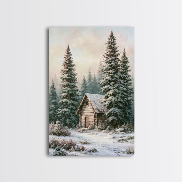 Log Cabin with Snowy Pines Framed Canvas Print, Rustic Art, Wall Art, Farmhouse Decor, Abstract Art, Rustic, Living Room Decor, RUS-2x3-47
