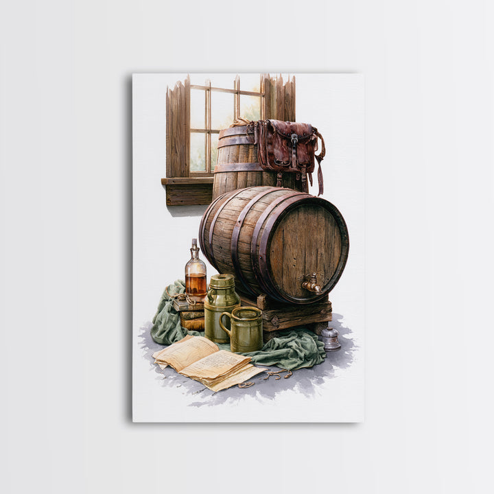 Whiskey Barrel and Leather Still Life Framed Canvas Print, Rustic Art, Room Decor, Farmhouse Decor, Oil Painting, Rustic, RUS-2x3-51