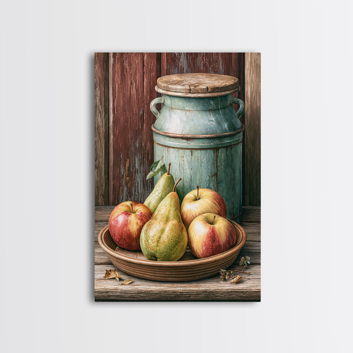 Rustic Pear and Apple Still Life Framed Canvas Print, Rustic Art, Printable Wall Art, Farmhouse Decor, Oil Painting, Rustic, RUS-2x3-53