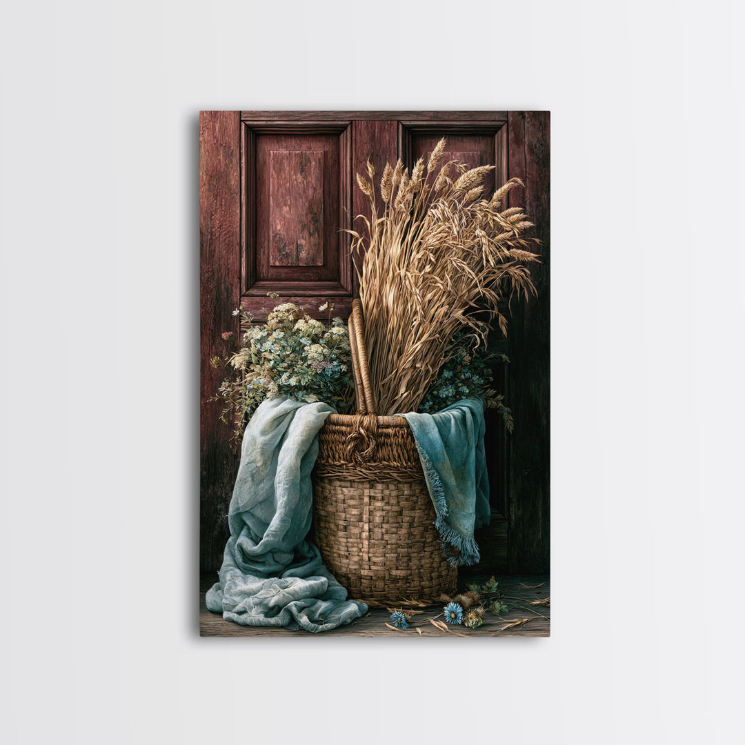 Handwoven Basket with Dried Grasses Framed Canvas Print, Rustic Art, Wall Decor, Farmhouse Decor, Abstract Art, Rustic, RUS-2x3-56