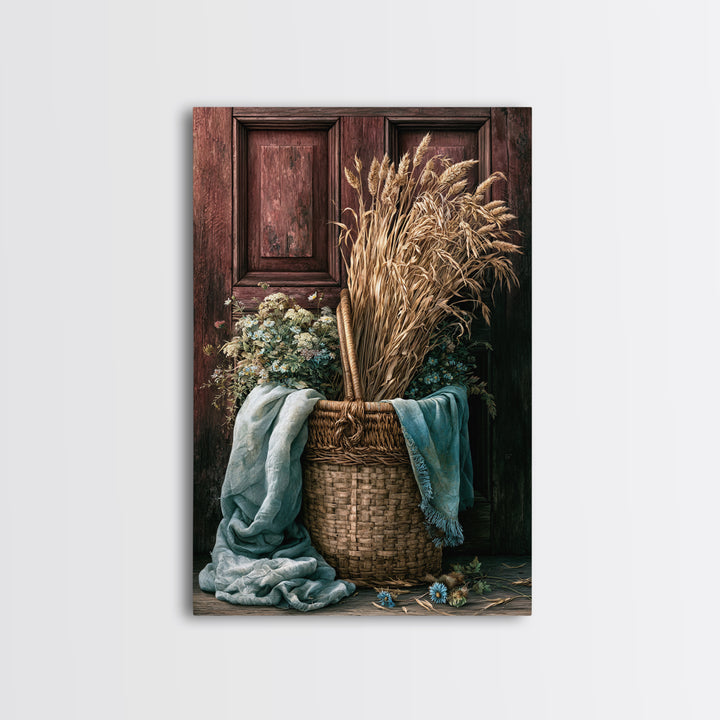 Handwoven Basket with Dried Grasses Framed Canvas Print, Rustic Art, Wall Decor, Farmhouse Decor, Abstract Art, Rustic, RUS-2x3-56