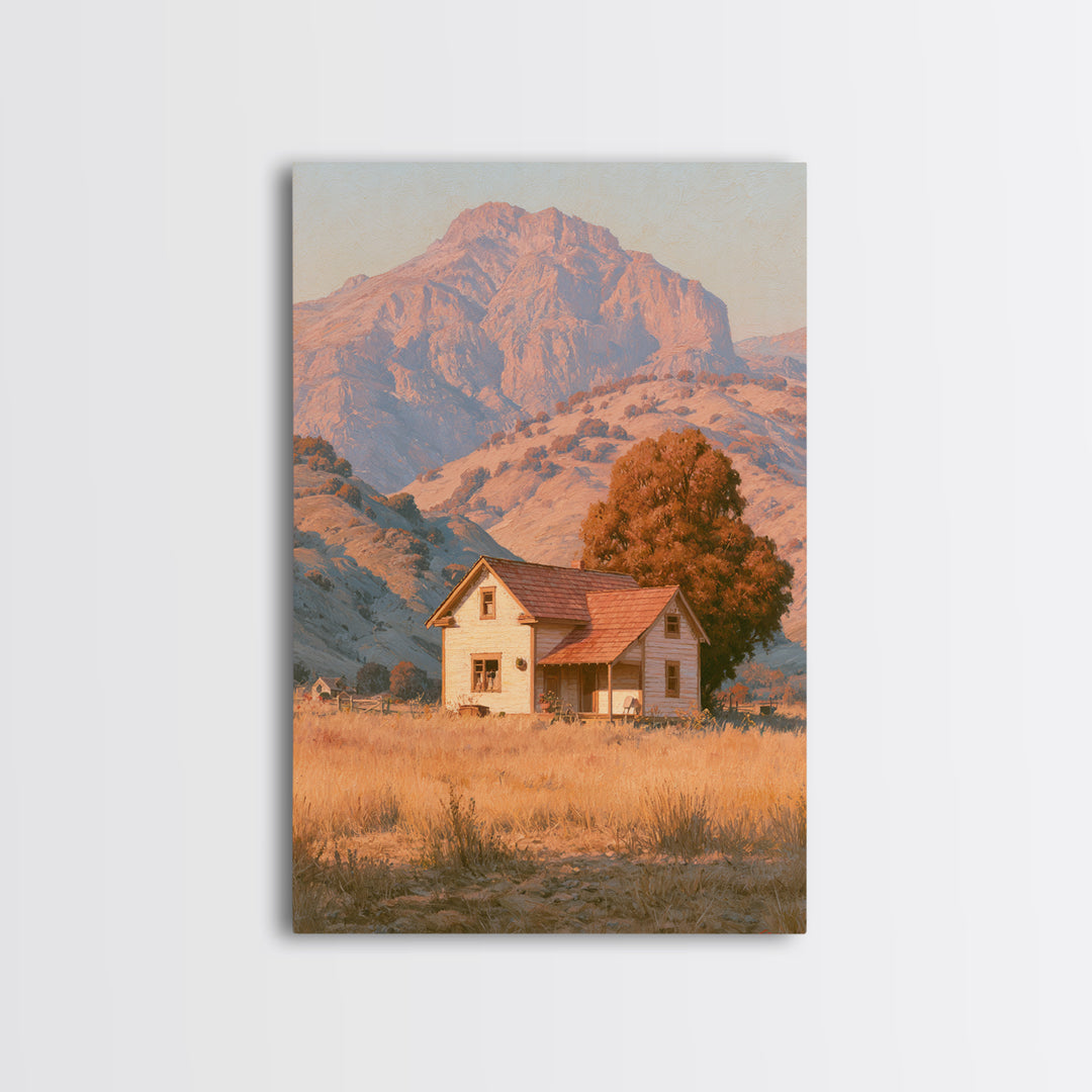 Mountain Cabin Landscape Framed Canvas Print, Rustic Art, Painting, Farmhouse Decor, Fine Art, Rustic, Boho Wall Art, RUS-2x3-59