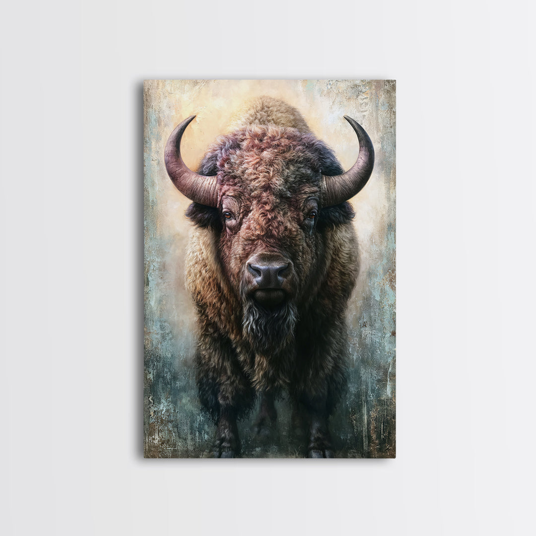 Buffalo Portrait with Western Texture Framed Canvas Print, Rustic Art, Boho Decor, Farmhouse Decor, Fine Art, Rustic, RUS-2x3-6