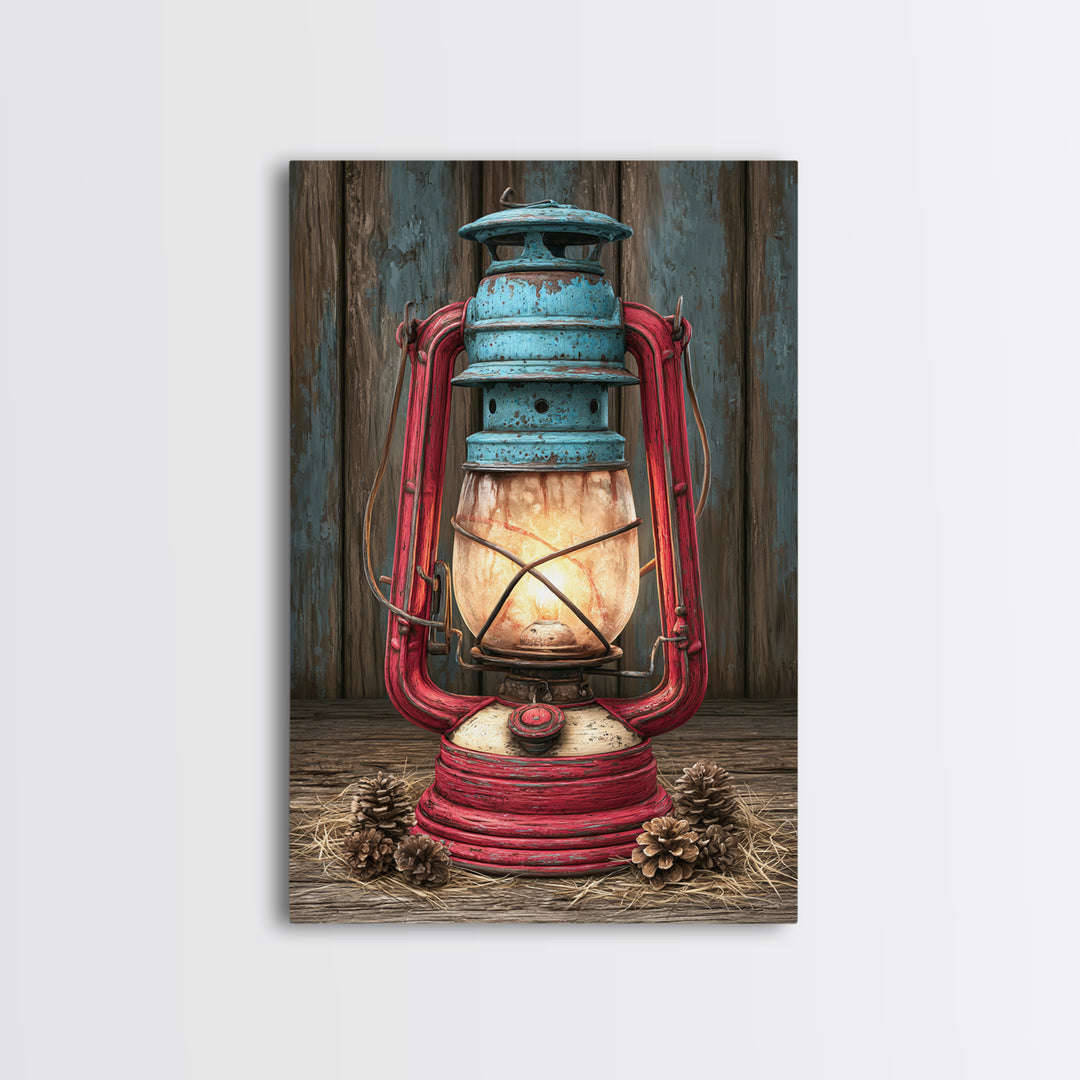Rustic Lantern Glowing Beside Pinecones Framed Canvas Print, Rustic Art, Wall Art, Farmhouse Decor, Fine Art, Rustic, RUS-2x3-60