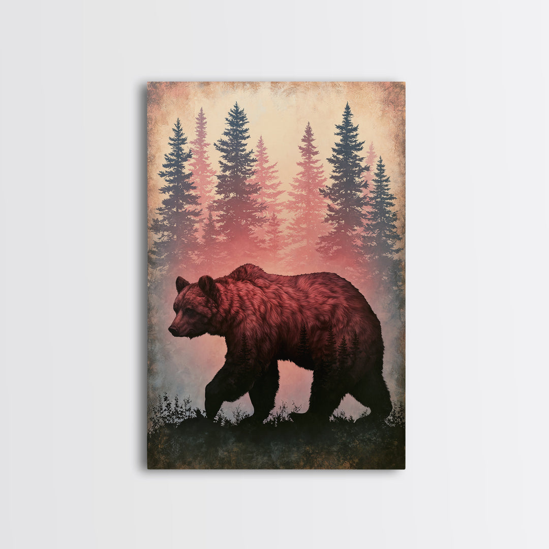 Bear Silhouette Among Pine Trees Framed Canvas Print, Rustic Art, Digital Prints, Farmhouse Decor, Watercolor Art, Rustic, RUS-2x3-63