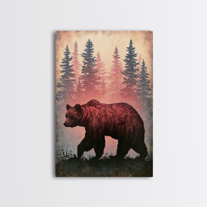 Bear Silhouette Among Pine Trees Framed Canvas Print, Rustic Art, Digital Prints, Farmhouse Decor, Watercolor Art, Rustic, RUS-2x3-63
