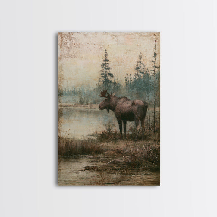 Moose Standing by a Quiet Lake Canvas Print, Rustic Art, Wood Wall Art, Farmhouse Decor, Oil Painting, Rustic, RUS-2x3-65