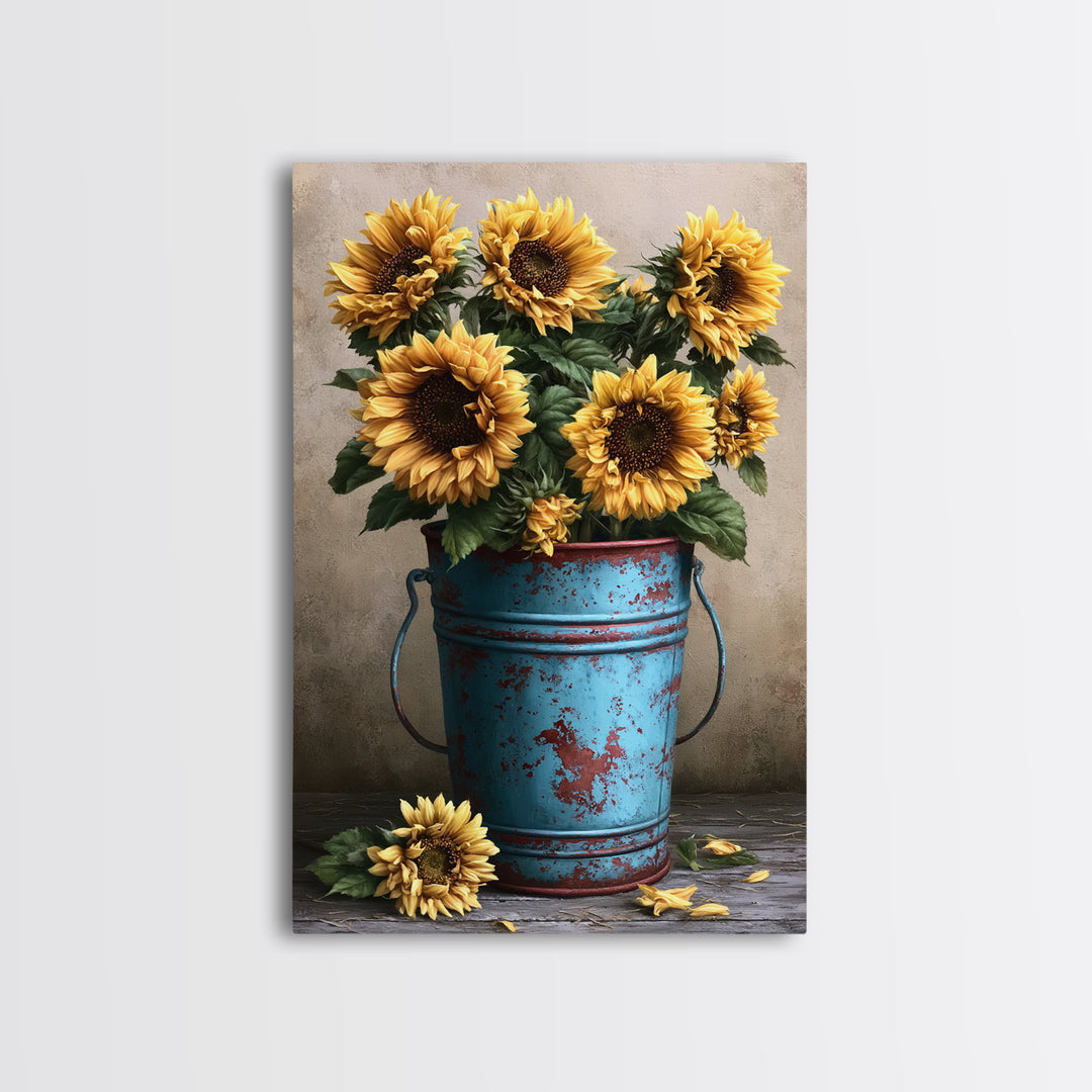 Sunflowers in a Metal Bucket Framed Canvas Print, Rustic Art, Oil Painting, Farmhouse Decor, Rustic, Modern Art, RUS-2x3-68