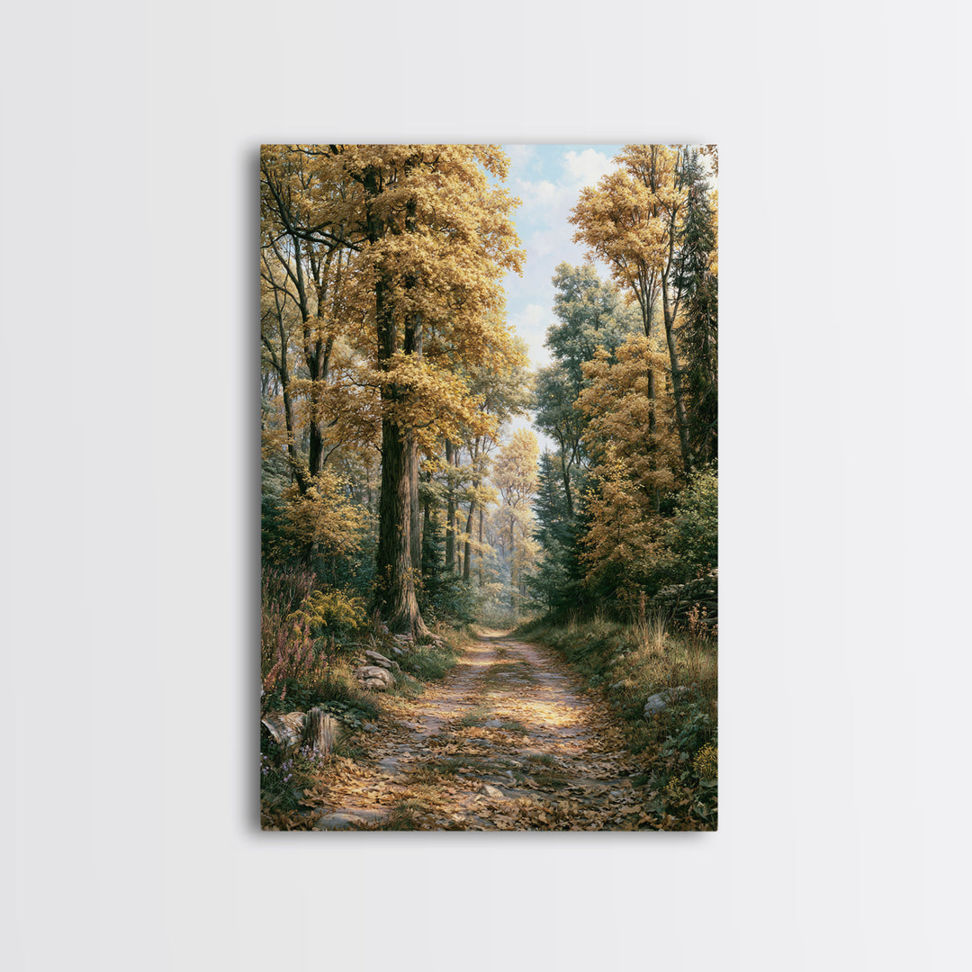 Forest Path with Golden Autumn Leaves Framed Canvas Print, Rustic Art, Painting, Farmhouse Decor, Rustic, Boho Wall Art, RUS-2x3-74