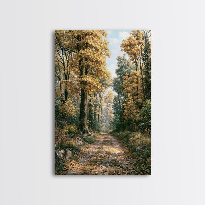 Forest Path with Golden Autumn Leaves Framed Canvas Print, Rustic Art, Painting, Farmhouse Decor, Rustic, Boho Wall Art, RUS-2x3-74