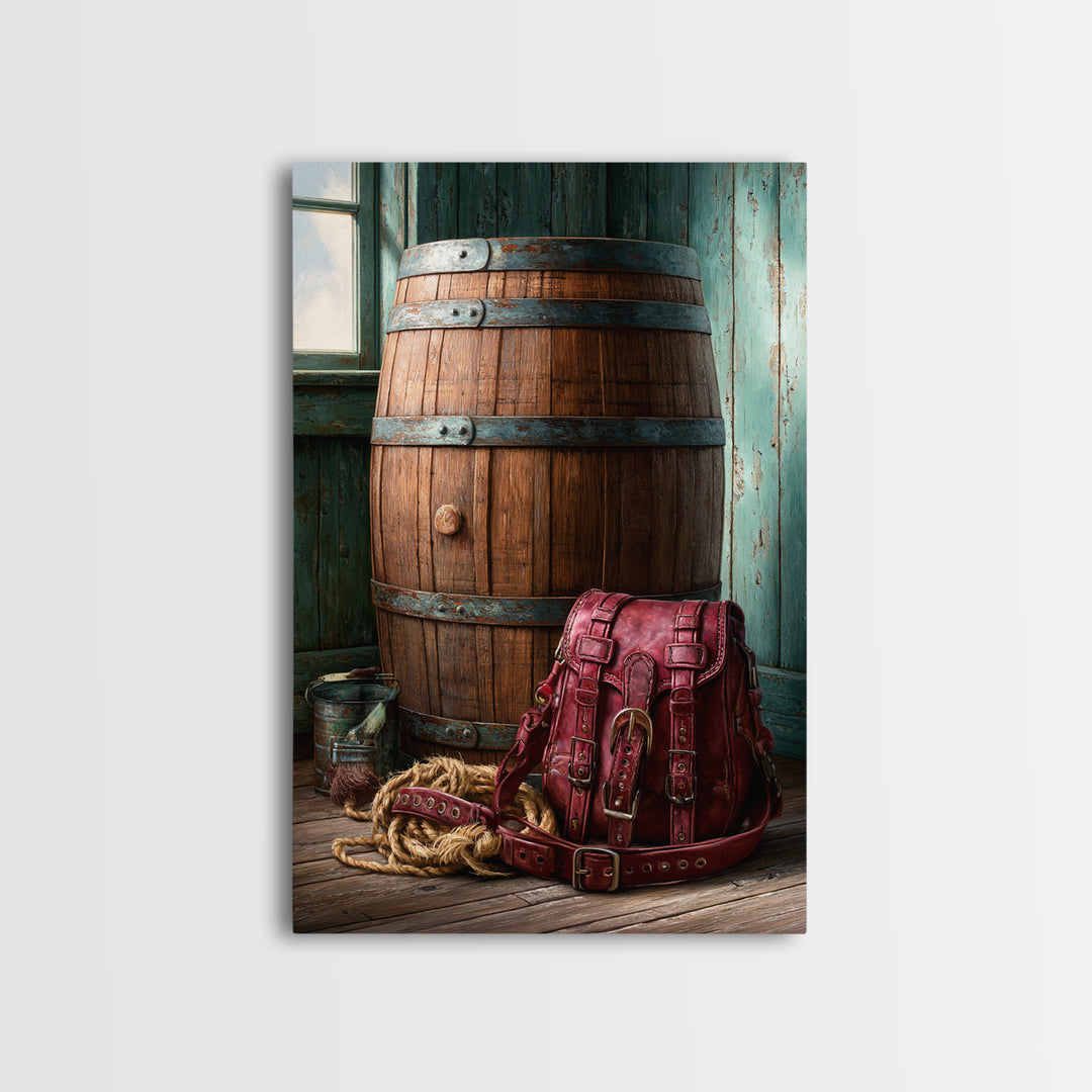 Whiskey Barrel and Leather Still Life Framed Canvas Print, Rustic Art, Printable Wall Art, Farmhouse Decor, Fine Art, Rustic, RUS-2x3-75