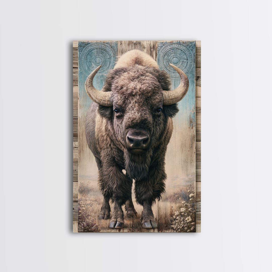 Buffalo Portrait with Western Texture Framed Canvas Print, Rustic Art, Digital Prints, Farmhouse Decor, Oil Painting, Rustic, RUS-2x3-78