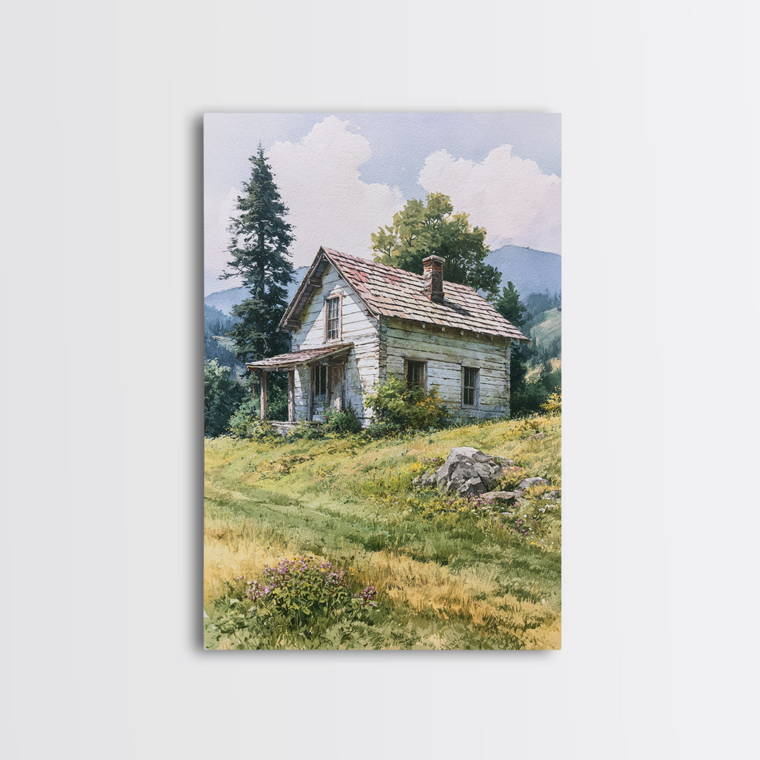 Mountain Cabin Landscape Framed Canvas Print, Rustic Art, Abstract Wall Art, Farmhouse Decor, Fine Art, Rustic, Landscape Art, RUS-2x3-83