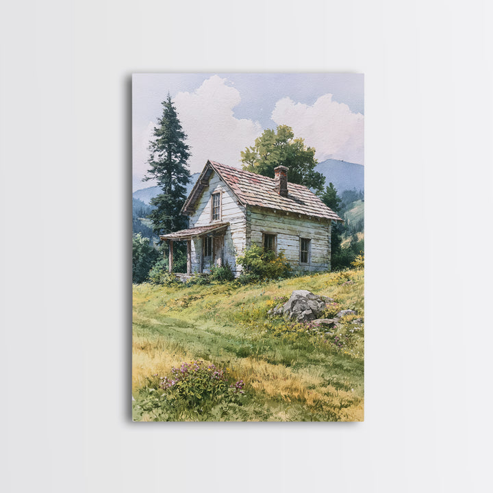 Mountain Cabin Landscape Framed Canvas Print, Rustic Art, Abstract Wall Art, Farmhouse Decor, Fine Art, Rustic, Landscape Art, RUS-2x3-83