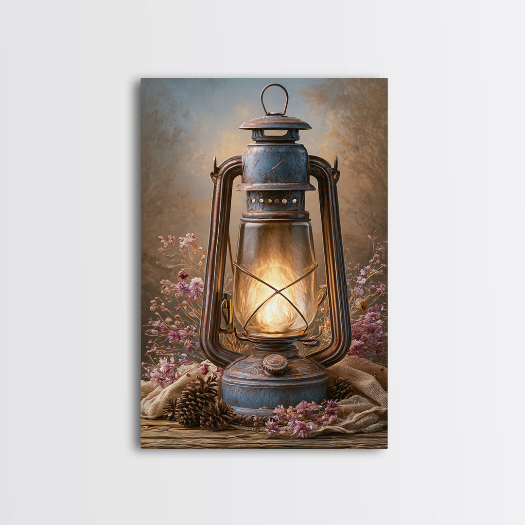 Rustic Lantern Glowing Beside Pinecones Framed Canvas Print, Rustic Art, Farmhouse Wall Art, Farmhouse Decor, Fine Art, Rustic, RUS-2x3-84