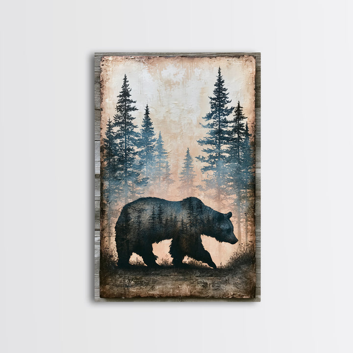 Bear Silhouette Among Pine Trees Framed Canvas Print, Rustic Art, Boho Wall Art, Farmhouse Decor, Rustic, Downloadable Art, RUS-2x3-87