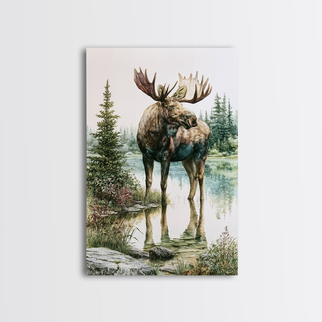 Moose Standing by a Quiet Lake Framed Canvas Print, Rustic Art, Boho Wall Art, Farmhouse Decor, Rustic, Downloadable Art, RUS-2x3-89