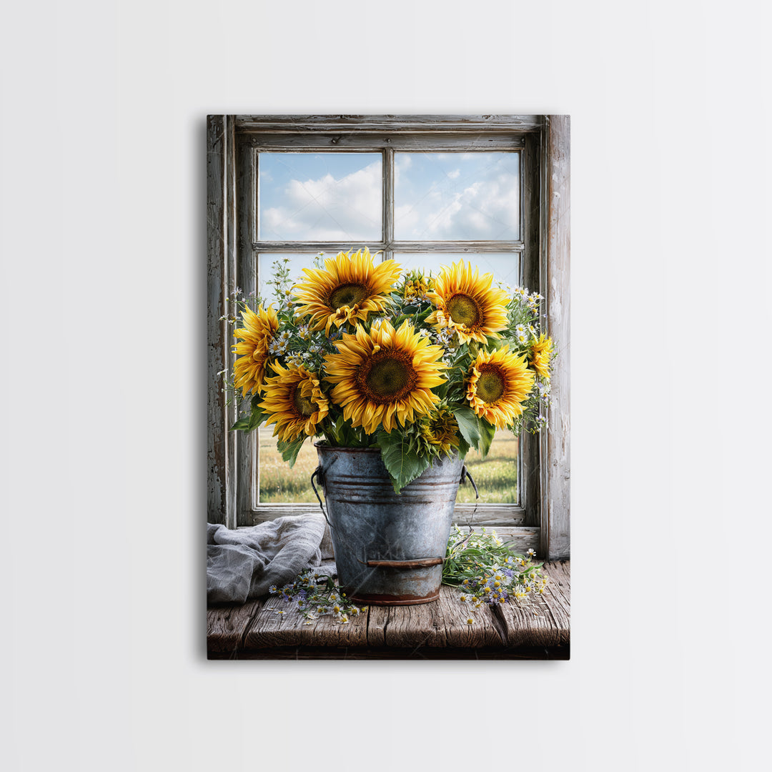 Sunflowers in a Metal Bucket Framed Canvas Print, Rustic Art, Gallery Decor, Farmhouse Decor, Fine Art, Rustic, RUS-2x3-92