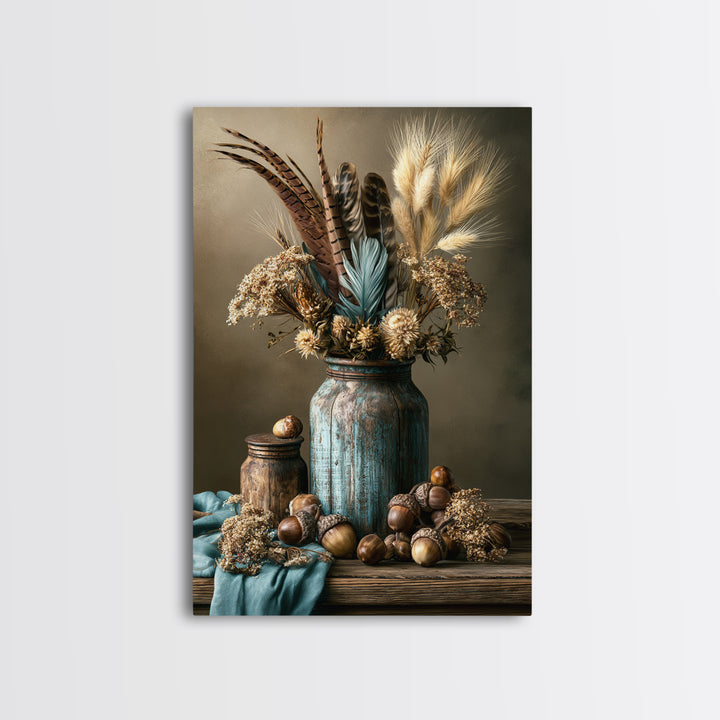 Pheasant Feathers and Acorns Arrangement Canvas Print, Rustic Art, Digital Print, Farmhouse Decor, Rustic, Landscape Painting, RUS-2x3-96
