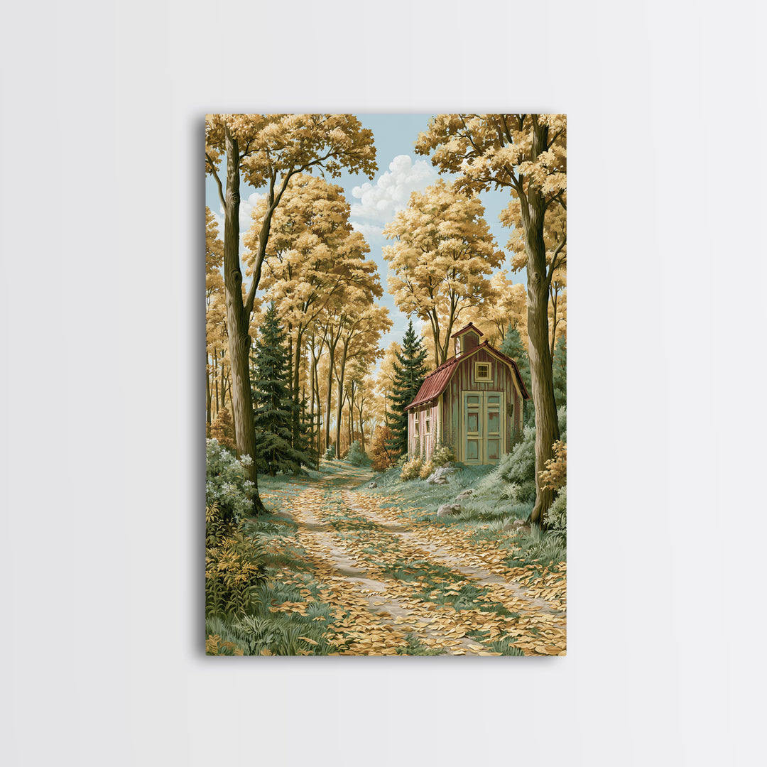 Forest Path with Golden Autumn Leaves Framed Canvas Print, Rustic Art, Painting, Farmhouse Decor, Rustic, Boho Wall Art, RUS-2x3-98