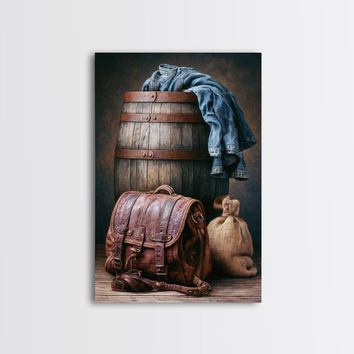 Whiskey Barrel and Leather Still Life Canvas Print, Rustic Art, Farmhouse Decor, Rustic, Gallery Wall Art, Landscape Wall Art, RUS-2x3-99