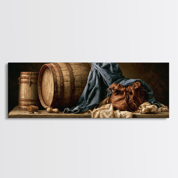 Whiskey Barrel and Leather Still Life Canvas Print, Rustic Art, Landscape Art, Farmhouse Decor, Watercolor Art, Rustic, RUS-3x1-11