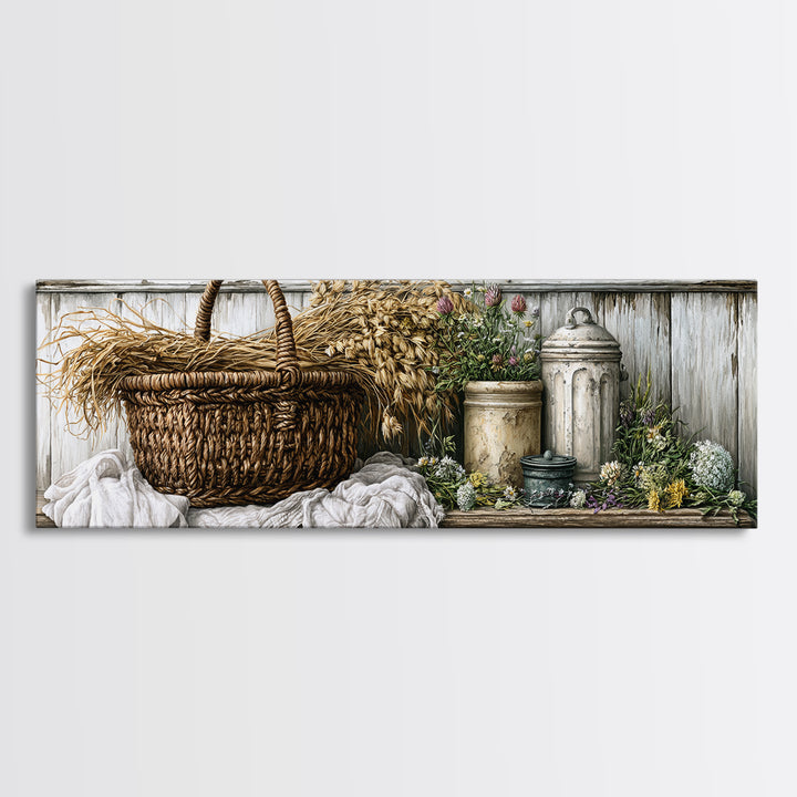 Handwoven Basket with Dried Grasses Canvas Print, Rustic Art, Wood Art, Farmhouse Decor, Fine Art, Rustic, Wall Decor, RUS-3x1-16