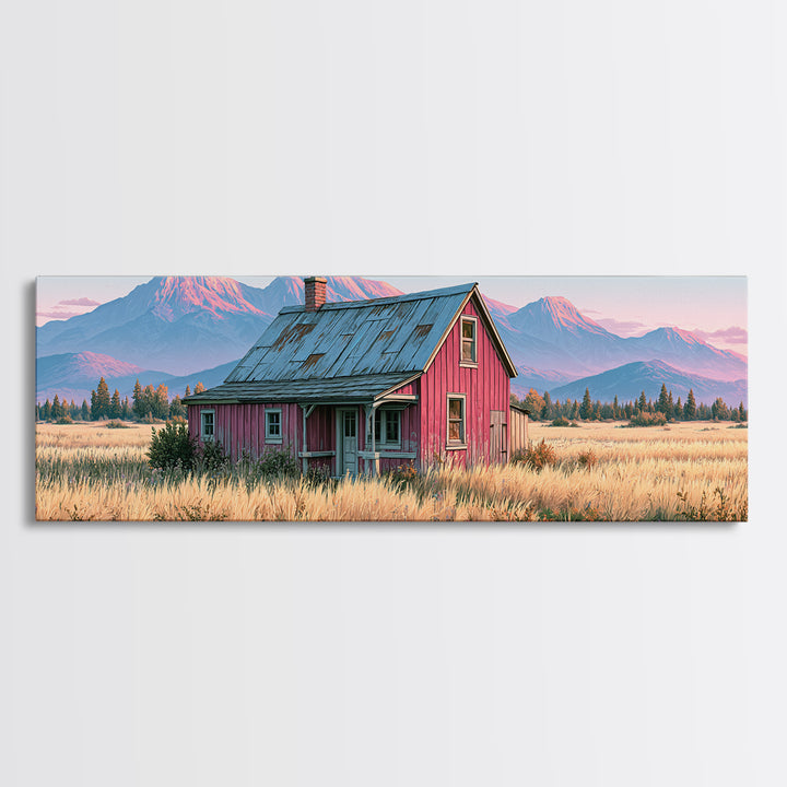 Mountain Cabin Landscape Canvas Print, Rustic Art, Fine Art Print, Farmhouse Decor, Fine Art, Rustic, Painting, Digital Prints, RUS-3x1-19