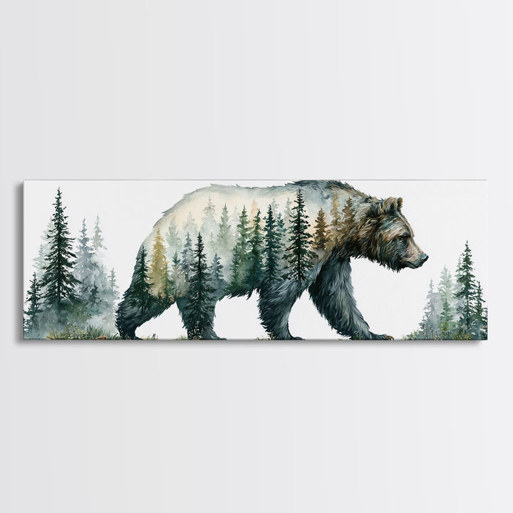 Bear Silhouette Among Pine Trees Framed Canvas Print, Rustic Art, Statement Artwork, Farmhouse Decor, Fine Art, Rustic, RUS-3x1-23