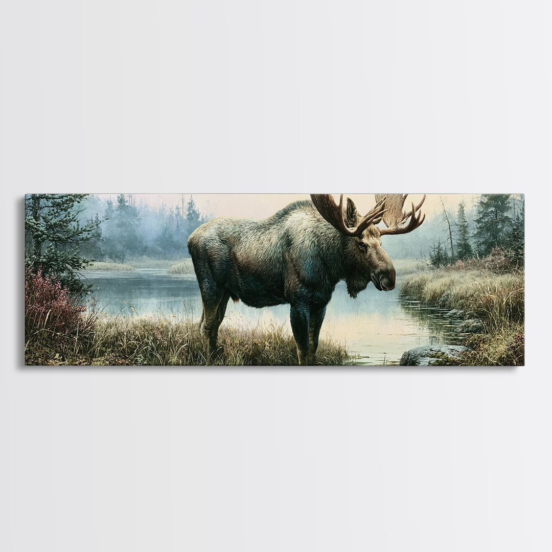 Moose Standing by a Quiet Lake Canvas Print, Rustic Art, Wood Art, Farmhouse Decor, Fine Art, Rustic, Wall Decor, Neutral Decor, RUS-3x1-25
