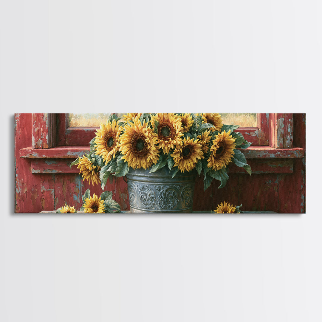 Sunflowers in a Metal Bucket Framed Canvas Print, Rustic Art, Downloadable Art, Farmhouse Decor, Watercolor Art, Rustic, RUS-3x1-28