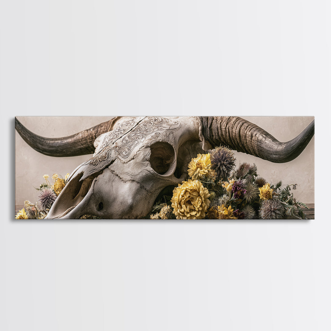 Cow Skull with Desert Flowers Canvas Print, Rustic Art, Boho Wall Art, Farmhouse Decor, Oil Painting, Rustic, Downloadable Art, RUS-3x1-33