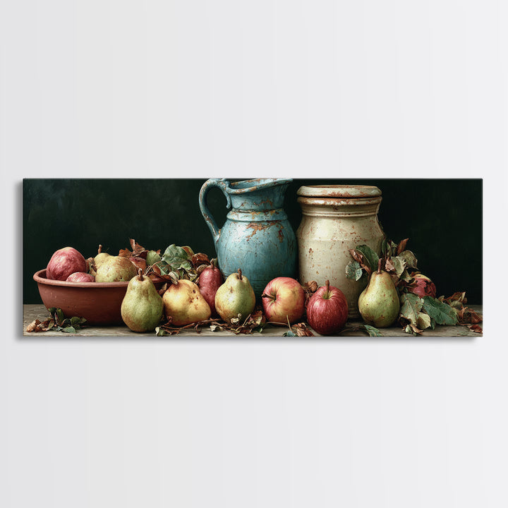 Rustic Pear and Apple Still Life Framed Canvas Print, Rustic Art, 3d Wall Art, Farmhouse Decor, Watercolor Art, Rustic, RUS-3x1-37