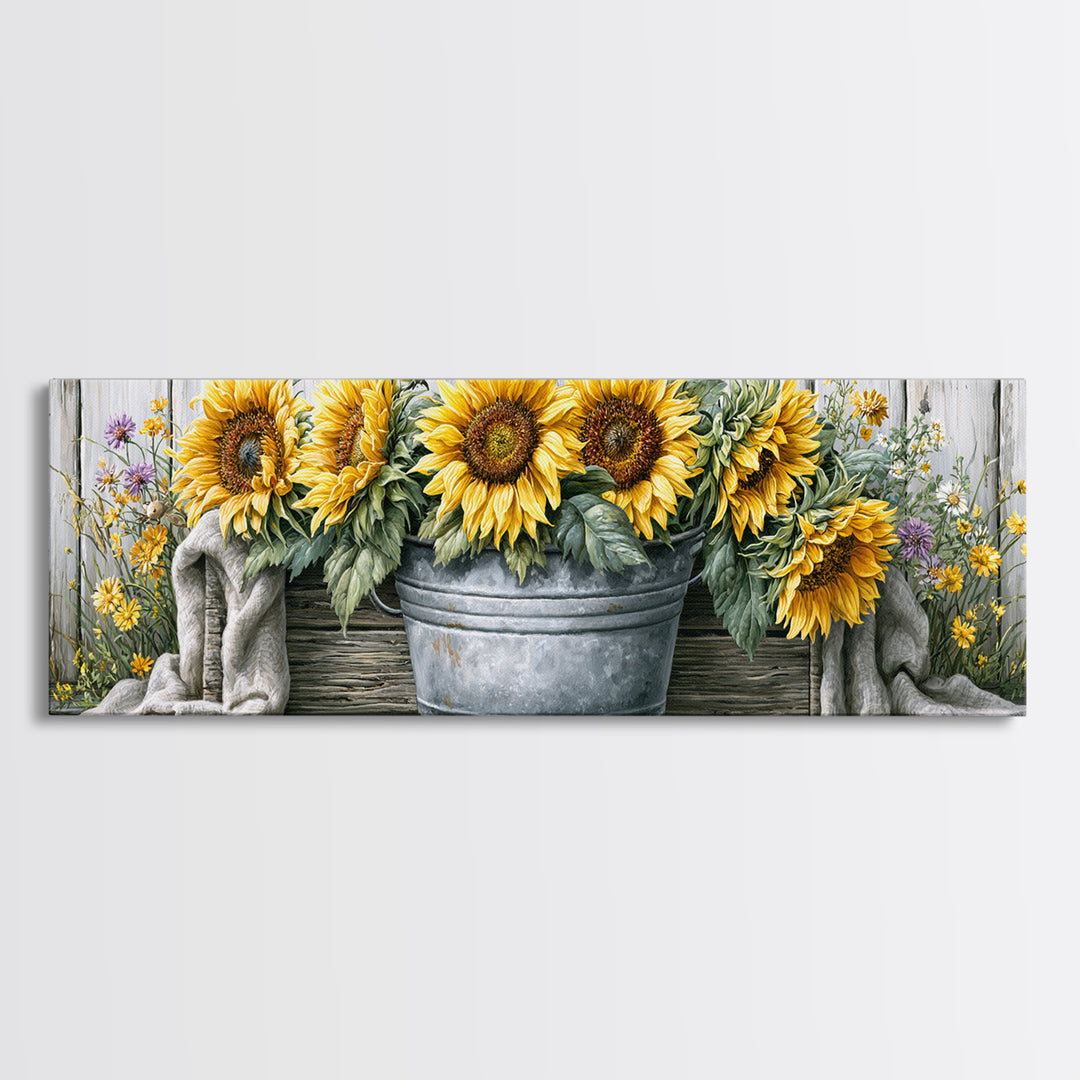 Sunflowers in a Metal Bucket Canvas Print, Rustic Art, Eclectic Wall Art, Farmhouse Decor, Watercolor Art, Rustic, RUS-3x1-4