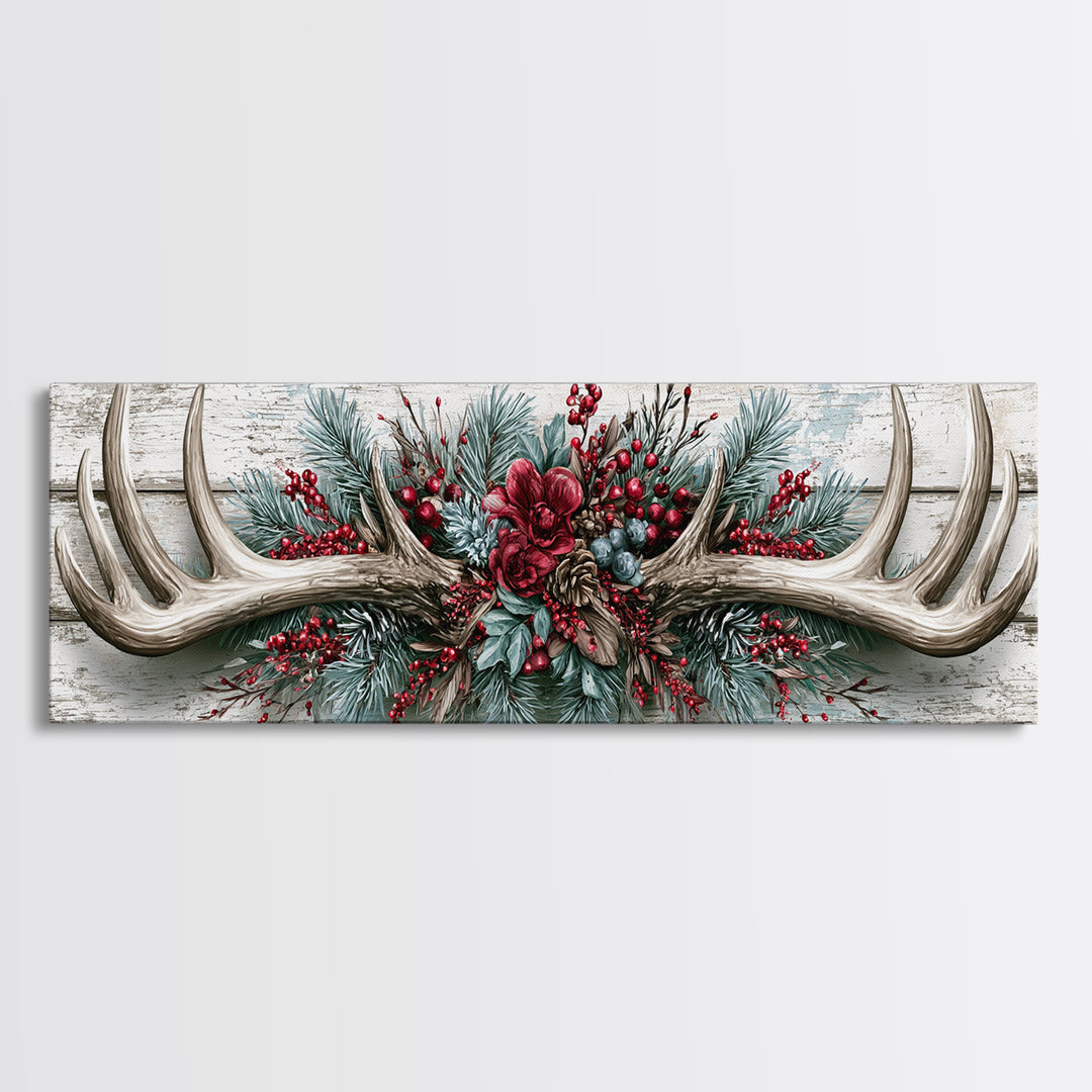 Deer Antlers with Pine Branches and Berries Canvas Print, Rustic Art, Abstract Wall Art, Farmhouse Decor, Watercolor Art, RUS-3x1-42
