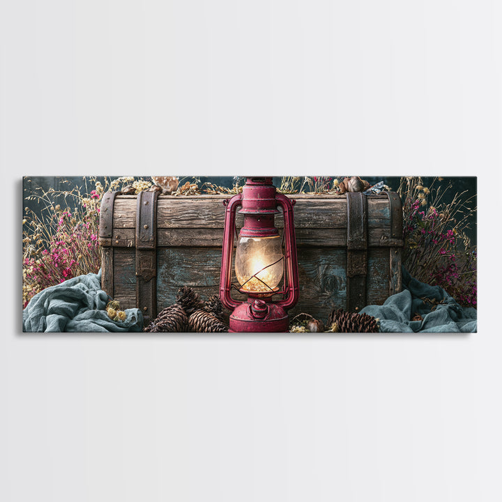 Rustic Lantern Glowing Beside Pinecones Framed Canvas Print, Rustic Art, Wall Decor, Farmhouse Decor, Fine Art, Rustic, RUS-3x1-44