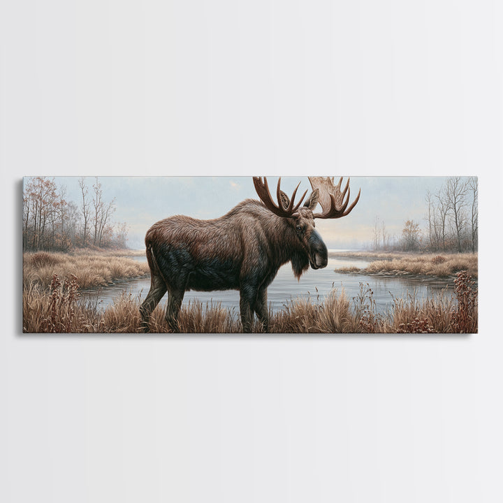 Moose Standing by a Quiet Lake Canvas Print, Rustic Art, Wood Art, Farmhouse Decor, Fine Art, Rustic, Wall Decor, Neutral Decor, RUS-3x1-49