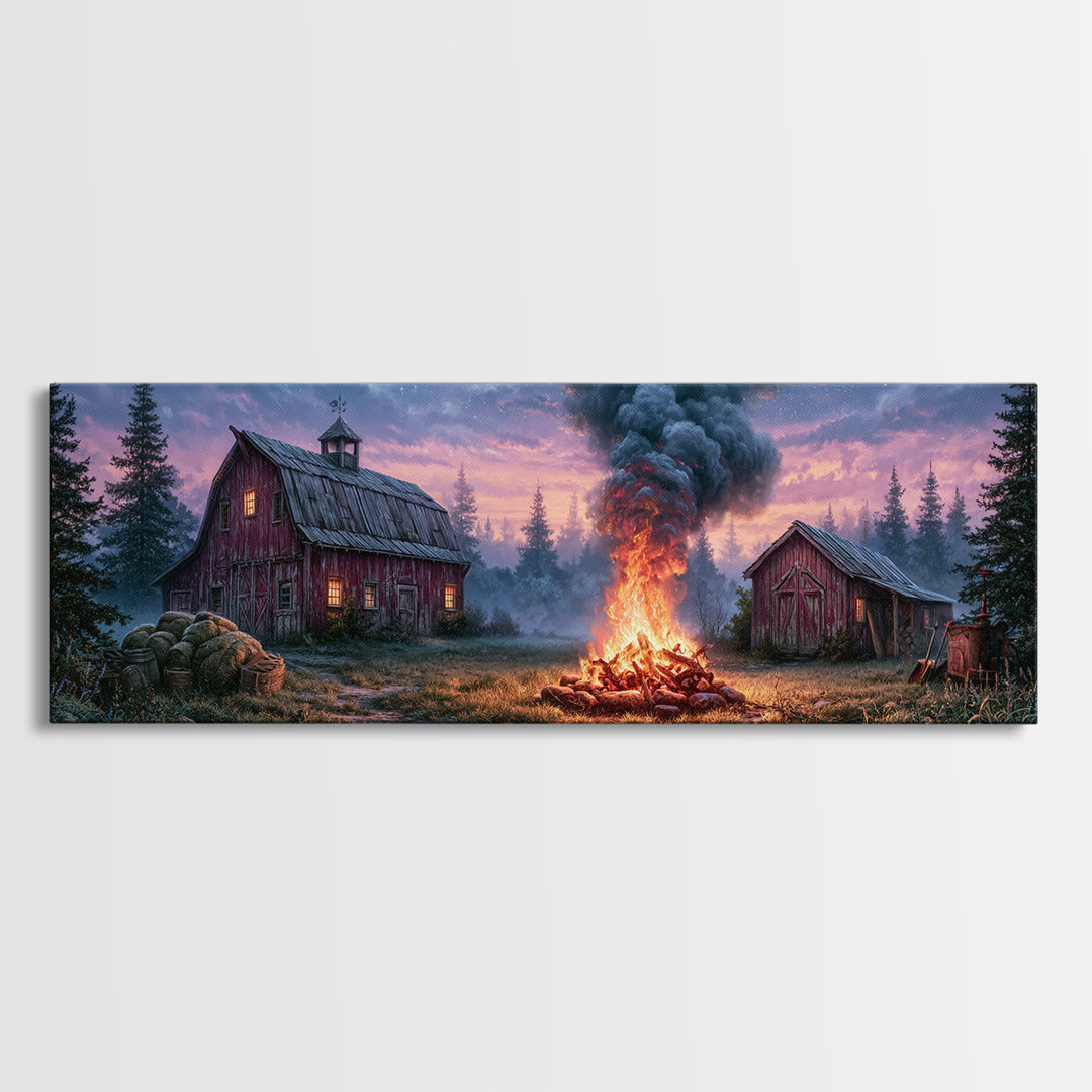 Campfire under a Starry Sky Canvas Print, Rustic Art, Printable Art, Farmhouse Decor, Watercolor Art, Rustic, RUS-3x1-50