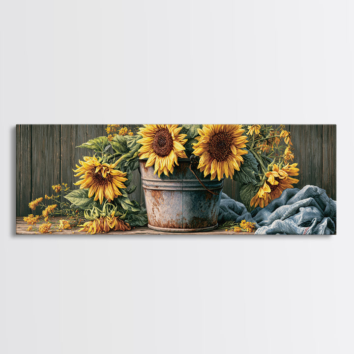 Sunflowers in a Metal Bucket Framed Canvas Print, Rustic Art, Room Decor, Farmhouse Decor, Fine Art, Rustic, Oil Painting, RUS-3x1-52