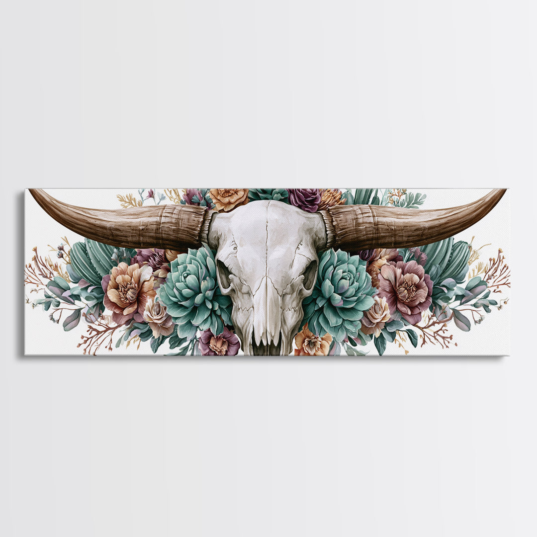 Cow Skull with Desert Flowers Framed Canvas Print, Rustic Art, Landscape Painting, Farmhouse Decor, Watercolor Art, Rustic, RUS-3x1-57