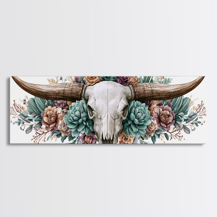 Cow Skull with Desert Flowers Framed Canvas Print, Rustic Art, Landscape Painting, Farmhouse Decor, Watercolor Art, Rustic, RUS-3x1-57