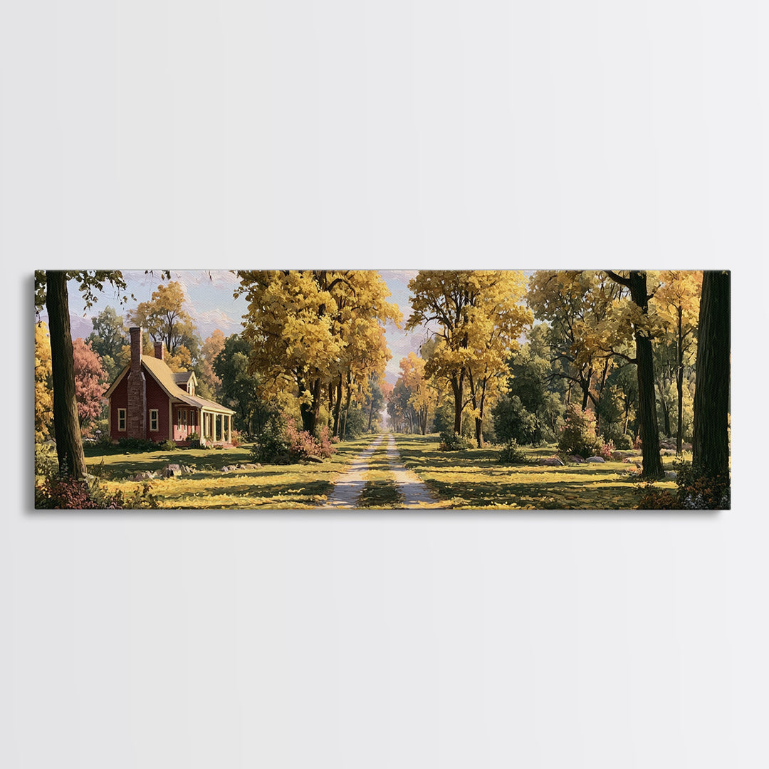 Forest Path with Golden Autumn Leaves Framed Canvas Print, Rustic Art, Farmhouse Decor, Oil Painting, Rustic, Gallery Wall Art, RUS-3x1-58