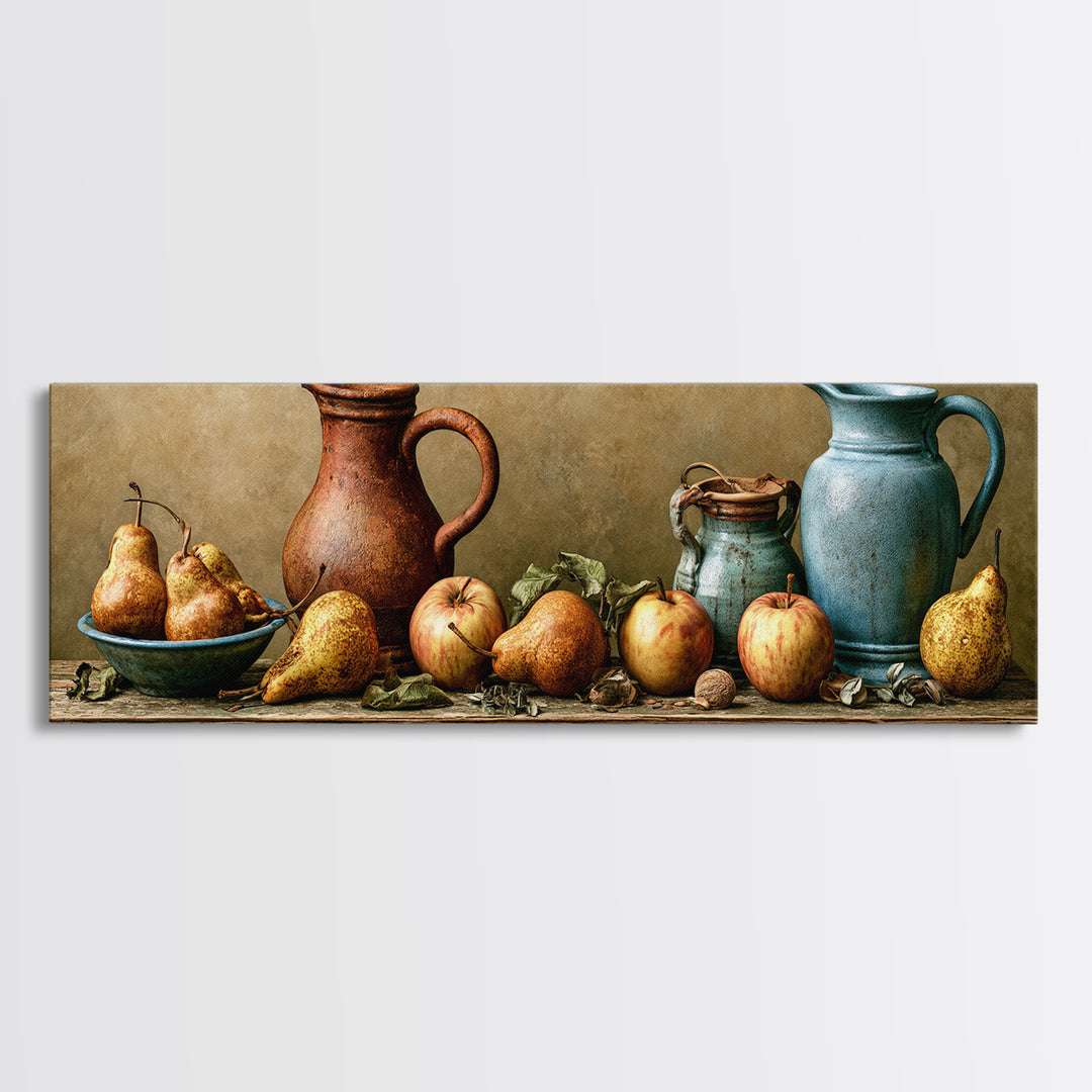 Rustic Pear and Apple Still Life Canvas Print, Rustic Art, Eclectic Wall Art, Farmhouse Decor, Oil Painting, Rustic, RUS-3x1-61