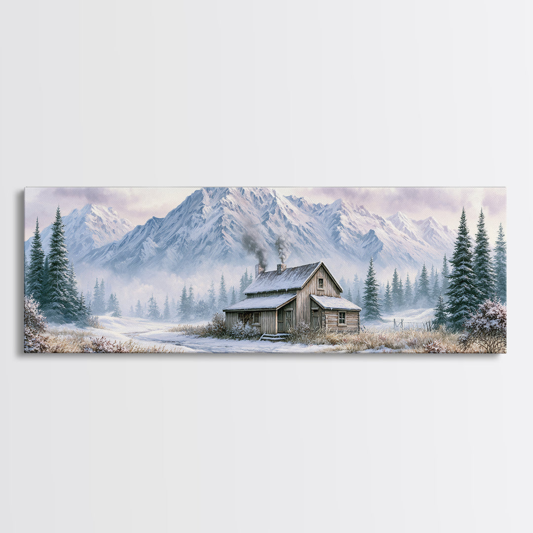 Winter Mountain Scene Framed Canvas Print, Rustic Art, Room Decor, Farmhouse Decor, Fine Art, Rustic, Oil Painting, RUS-3x1-63