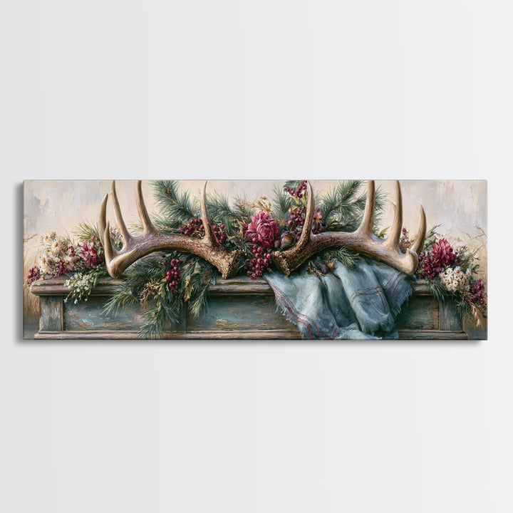 Deer Antlers with Pine Branches and Berries Canvas Print, Rustic Art, Abstract Wall Art, Farmhouse Decor, Watercolor Art, RUS-3x1-66