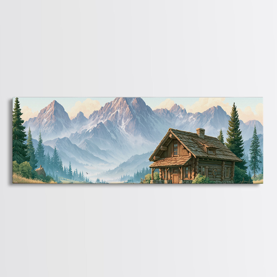 Mountain Cabin Landscape Framed Canvas Print, Rustic Art, Oil Painting, Farmhouse Decor, Fine Art, Rustic, Modern Art, RUS-3x1-67