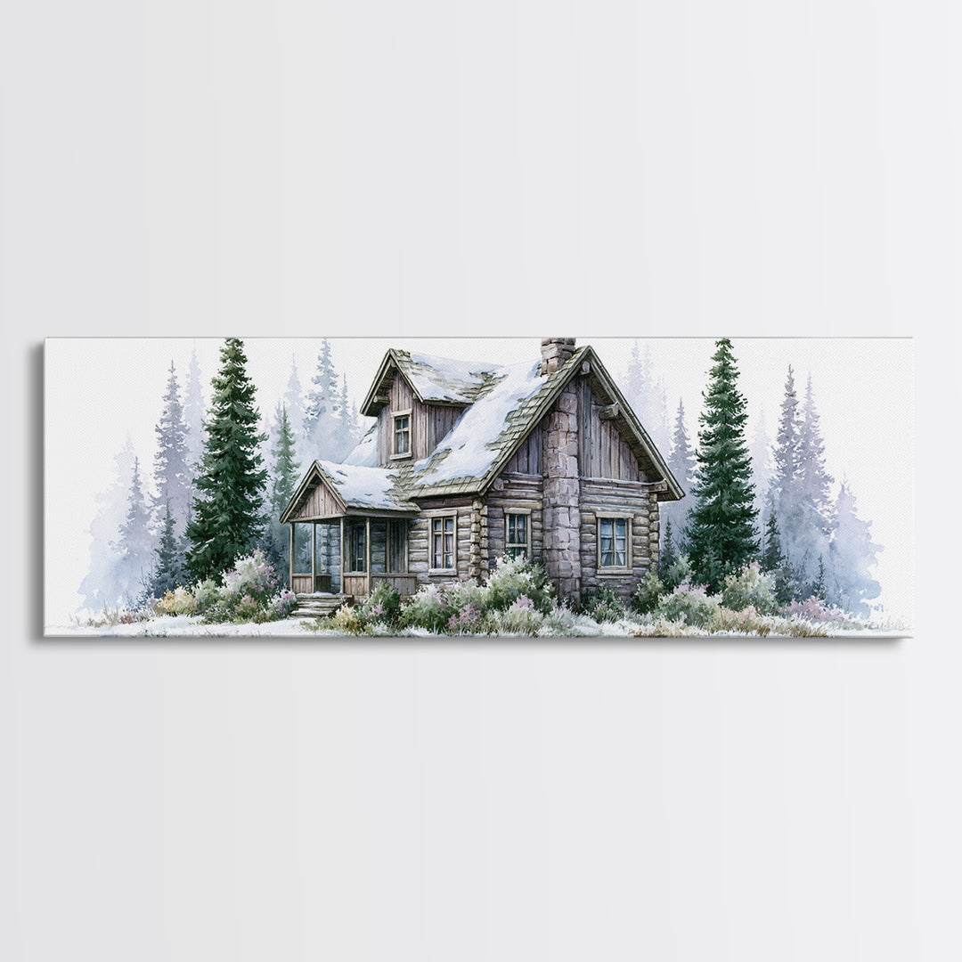 Log Cabin with Snowy Pines Framed Canvas Print, Rustic Art, Wall Decor, Farmhouse Decor, Fine Art, Rustic, Wall Art, Home Decor, RUS-3x1-7