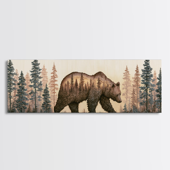 Bear Silhouette Among Pine Trees Canvas Print, Rustic Art, Digital Print, Farmhouse Decor, Fine Art, Rustic, Landscape Painting, RUS-3x1-71