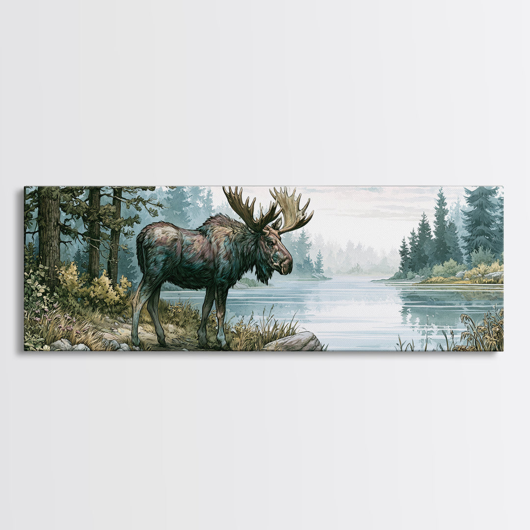 Moose Standing by a Quiet Lake Framed Canvas Print, Rustic Art, Gallery Wall Art, Farmhouse Decor, Oil Painting, Rustic, RUS-3x1-73